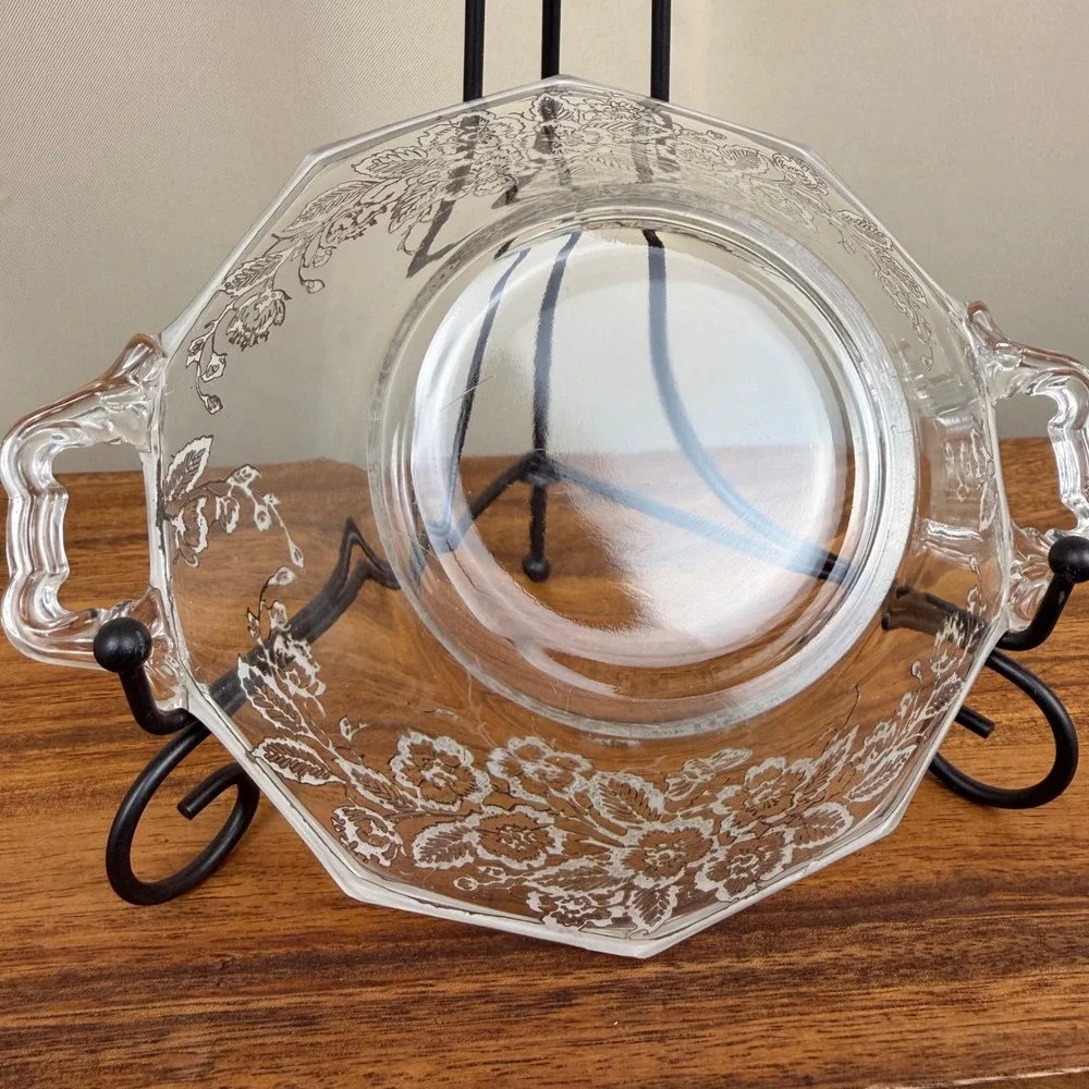 Silver City Glass Sterling Silver Overlay Floral Bowl Octagonal Handled Vintage